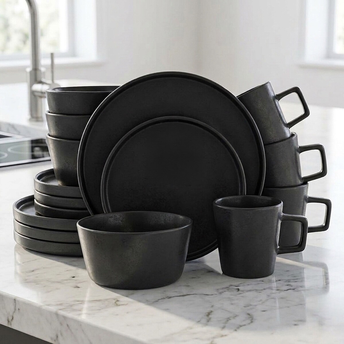 Juego De Vajilla Completo 16 Piezas Ceramica Loza Moderno IMBACK Color Negro 