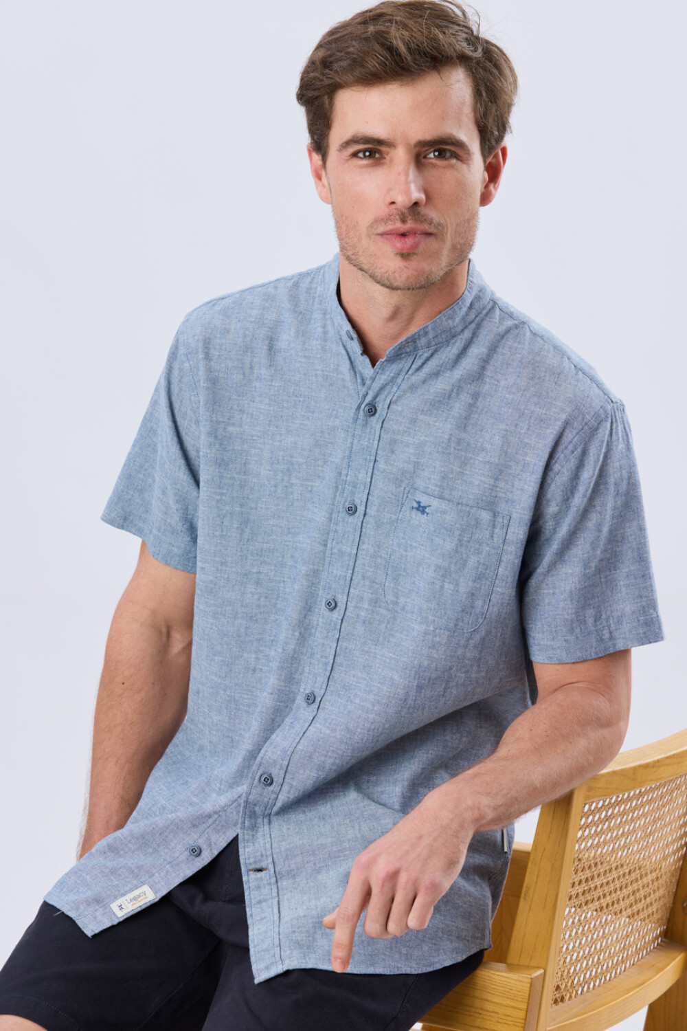 CAMISA LISA DE LINO CUELLO MAO Denim