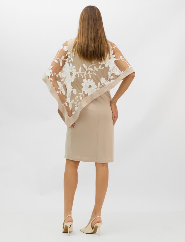 Vestido Midi Con Capa De Tul Bordado BEIGE