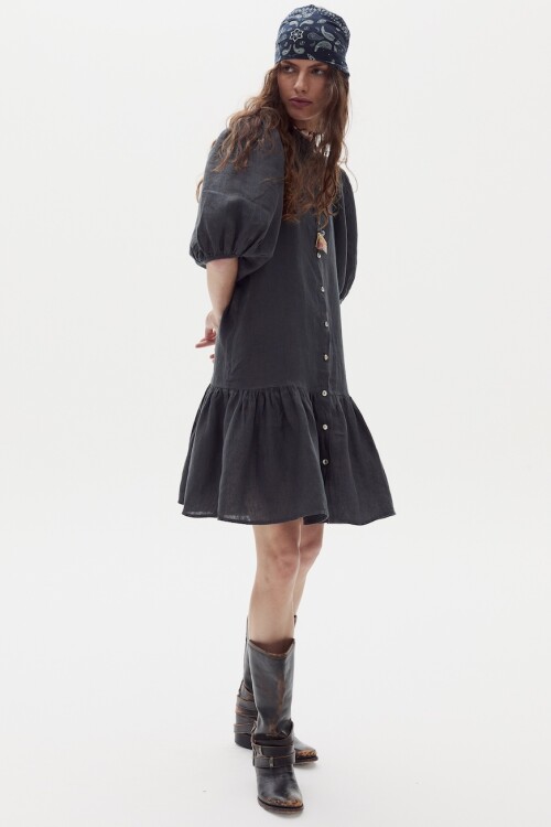 Vestido Carmela en Lino Blue & Ochre Checks