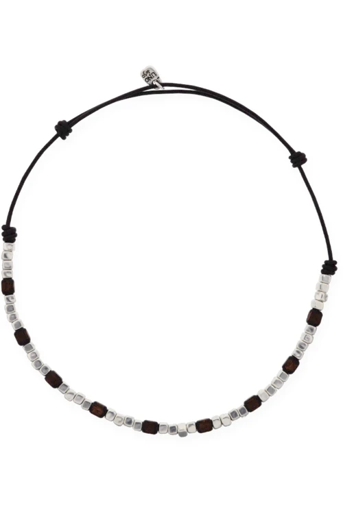 COLLAR DE CUERO CON CUENTAS DE ALEACIÓN DE METALES BAÑADA EN PLATA Y CUENTAS DE MADERA Colgante