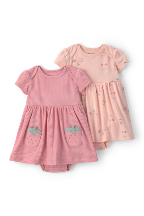 Pack dos vestidos de algodón, rosados, diseño frutillas Pack dos vestidos de algodón, rosados, diseño frutillas