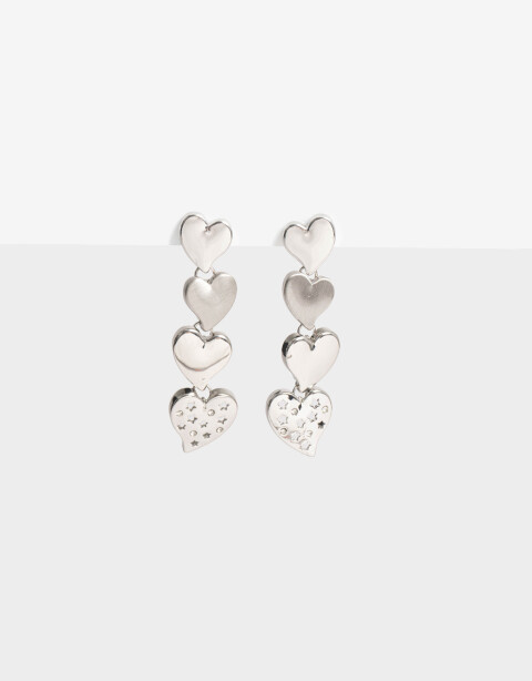 Aros Colgantes Largos Strass Aros Largos Corazones Strass - Plateado Rodio