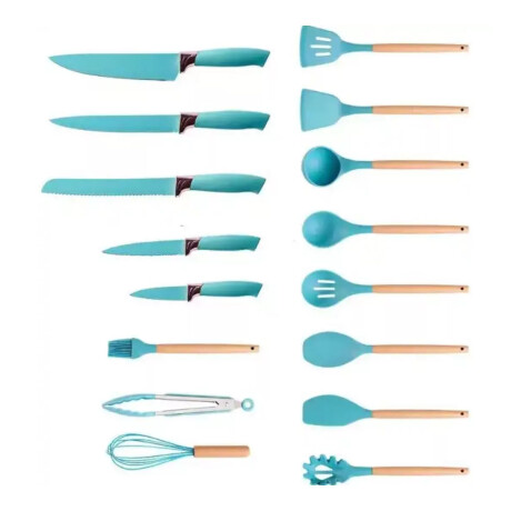 Set Cocina Menage 19Pz Utensillos Cuchillos Tabla c/Soporte Turquesa