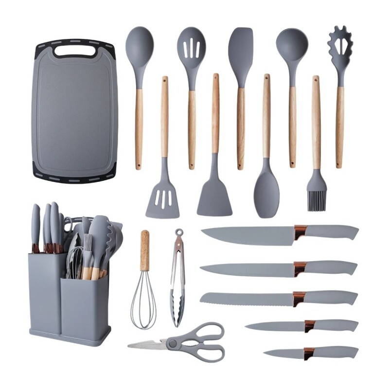 Utensilios Y Cuchillos Cocina Con Soporte Y Tabla Set 19pcs Color Gris Utensilios Y Cuchillos Cocina Con Soporte Y Tabla Set 19pcs Color Gris