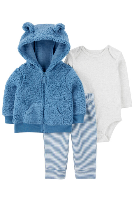 Set tres piezas, campera de sherpa, pantalón y body de algodón, diseño oso Sin color