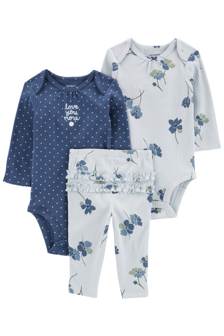 Set tres piezas de algodón, pantalón y bodies, diseño floral Set tres piezas de algodón, pantalón y bodies, diseño floral