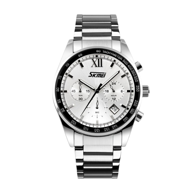 Reloj Skmei 9096SI cronógrafo analógico para hombre en acero plateado con esfera plateada Plateado