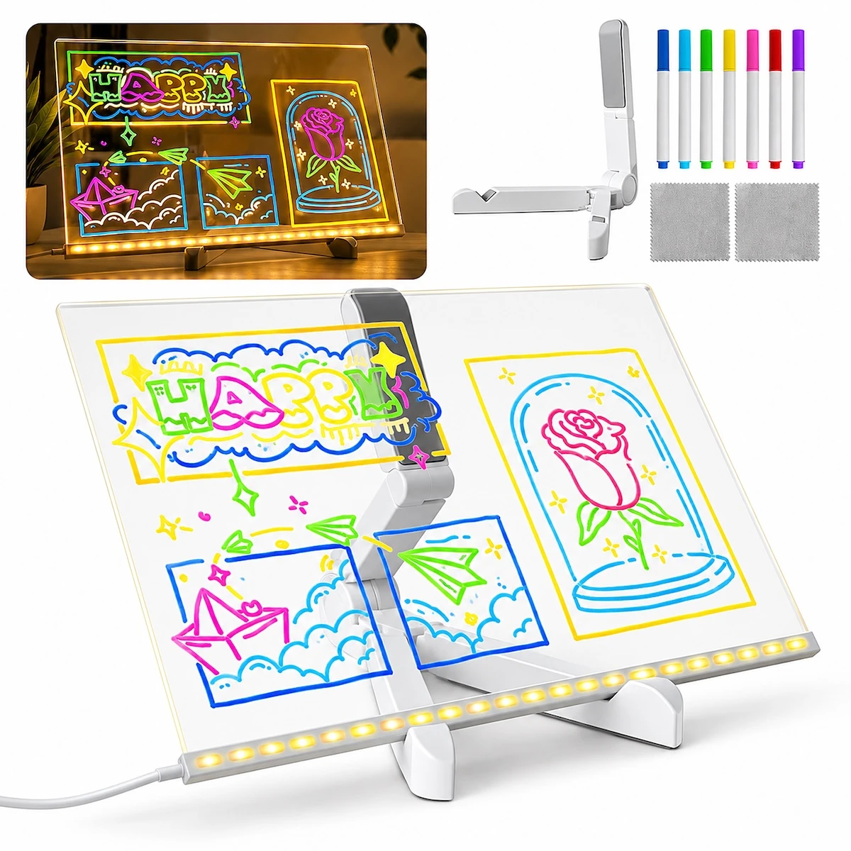 Contenido: pizarra de acrílico, soporte plegable, siete marcadores de colores, dos paños y cable USB