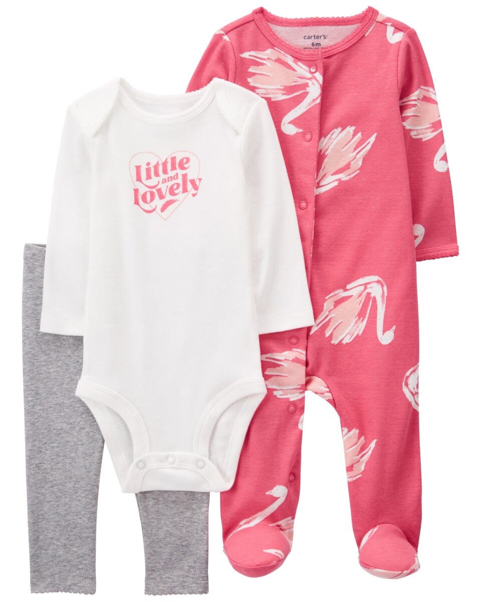 Set tres piezas de algodón, pijama con pie, calza y body, diseño cisne 