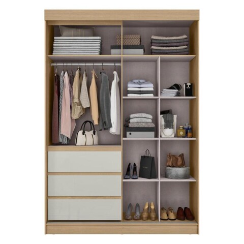 Ropero Armario Bagdá Puertas Mixtas 2 Batientes y 1 Corrediza 3 Cajones Estantería y Espejo - Castaño Off White Ropero Armario Bagdá Puertas Mixtas 2 Batientes y 1 Corrediza 3 Cajones Estantería y Espejo - Castaño Off White