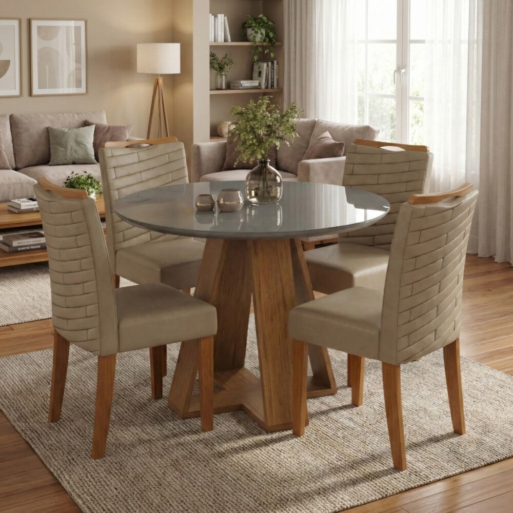 Juego De Comedor 4 Sillas Mesa Redonda - Celeste Marrón | Gris