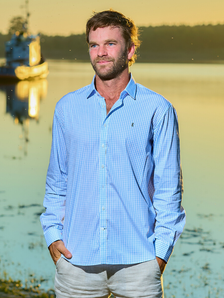 Camisa de Hombre Premium Cuello s/Botones - Cuadros Celestes 2 