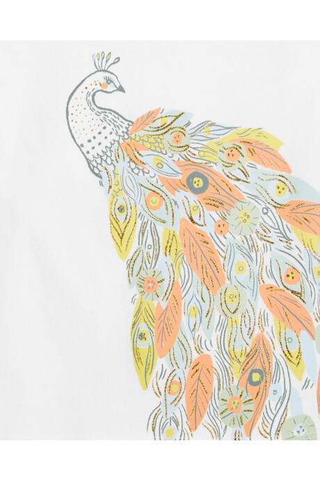 Remera de algodón, con lazo, estampa pavo real. Talles 12-24M Sin color