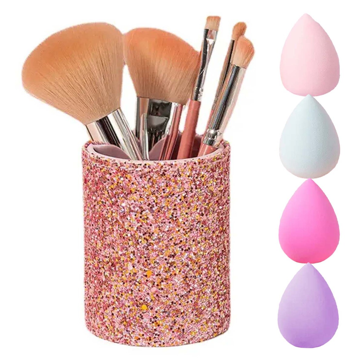 Set Maquillaje 5 Brochas c/ Porta Pinceles + Esponjas Rostro - Rosa 