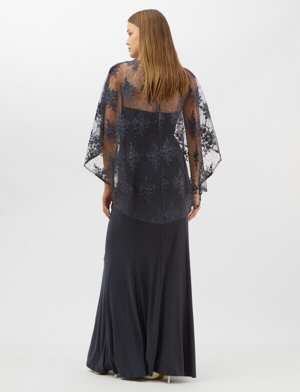 Vestido Maxi Con Capa Bordada GRIS OSCURO