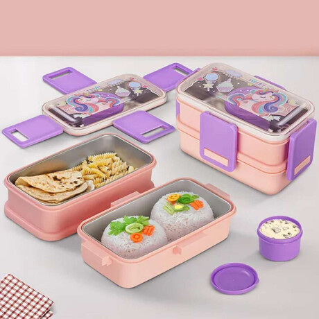 Vianda doble piso con cubiertos, division y tapa Rosado