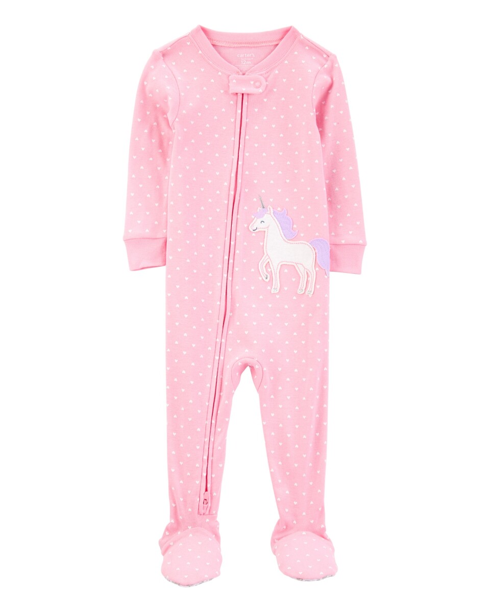 Pijama una pieza de algodón, con pie, rosado, estampa unicornio. Talles 12-24M 