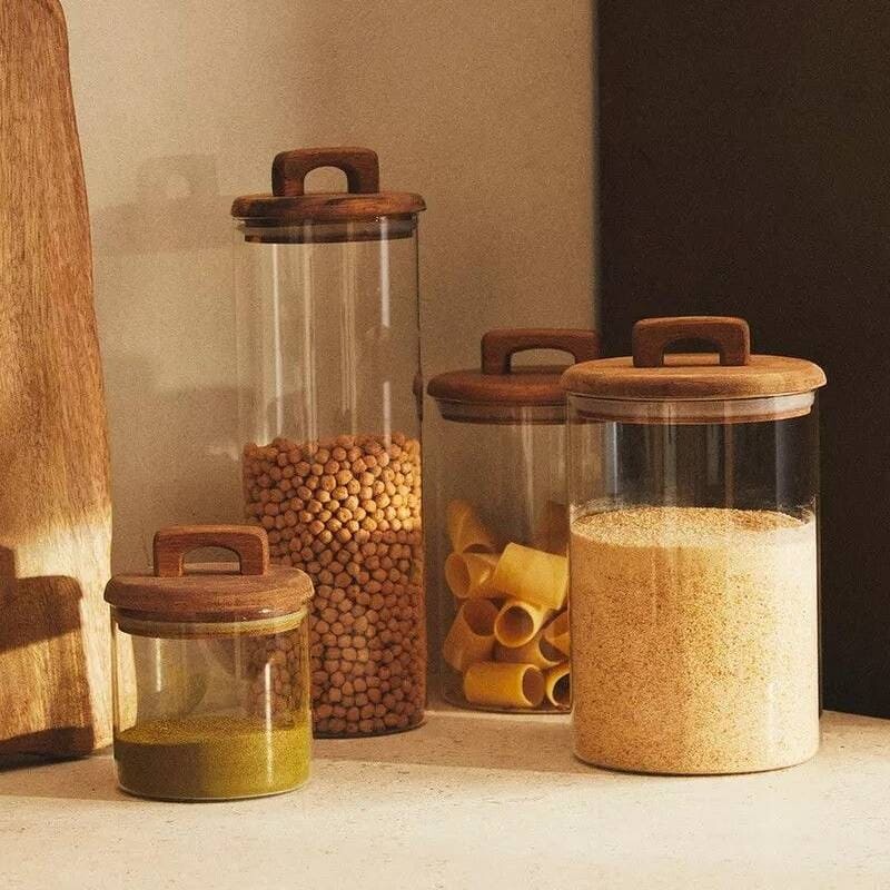 Frasco contenedor de vidrio tapa madera con manija 1500ml