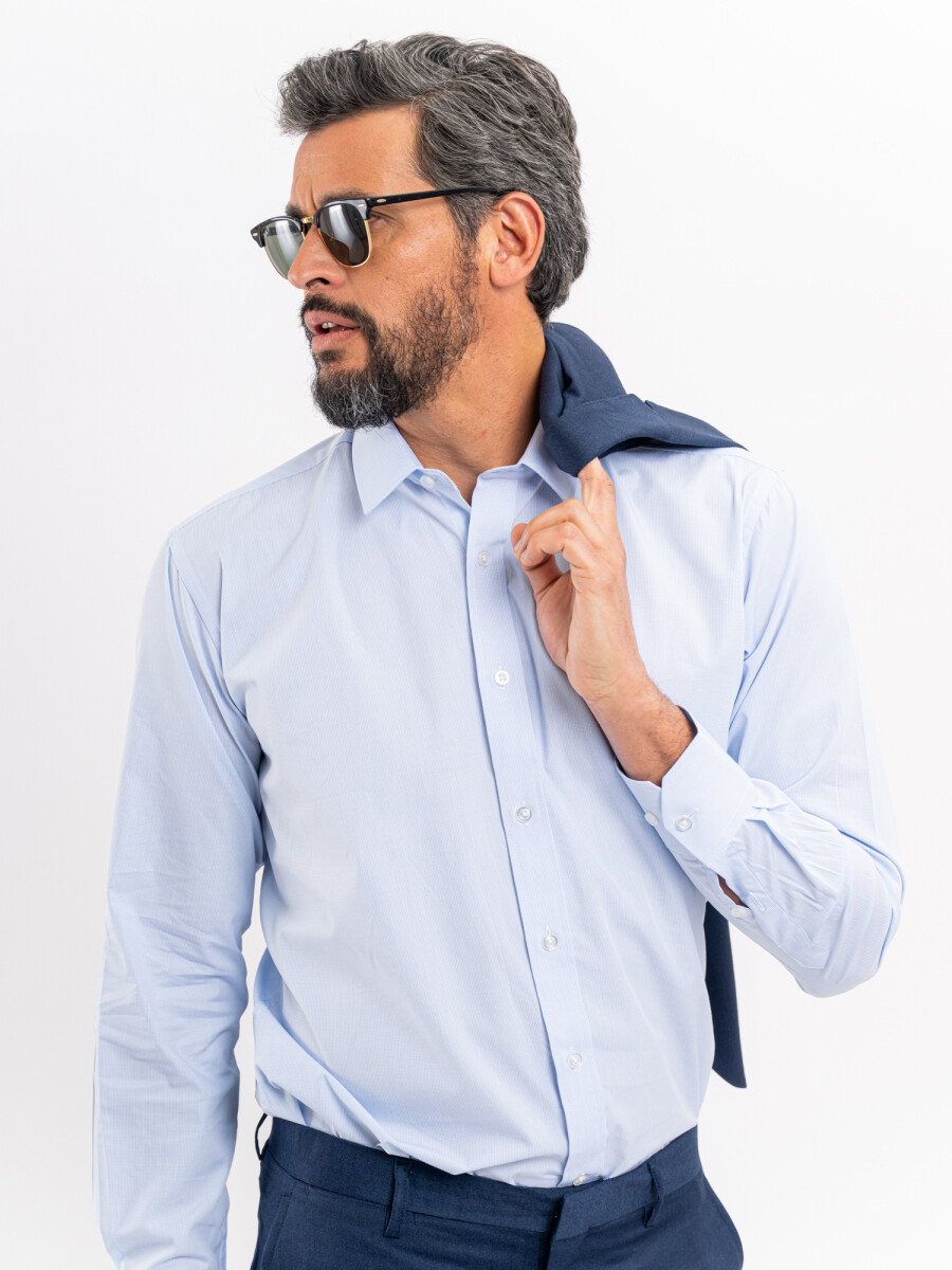 Camisa m/l micro cuadro-raya - celeste 