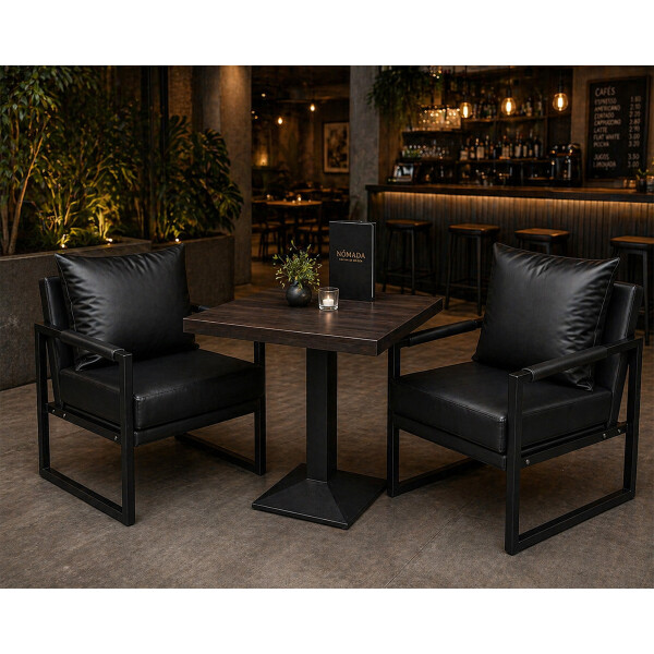 Set de mesa cuadrada + 2 sillones para restaurante cafetería Mesa negra + sillones negros