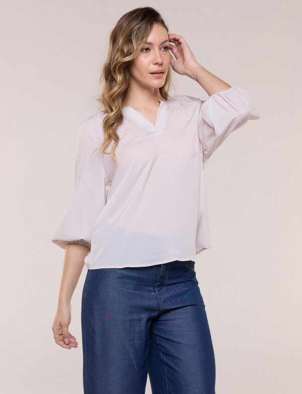 Blusa Gasa Escote V Manga 3/4 Abullonada BEIGE
