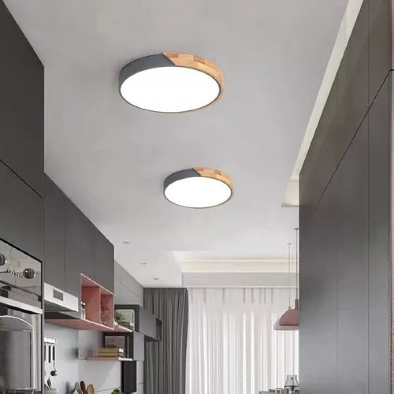 Luminaria Luz Fria Plafon Led Diám 30cm Metal Y Madera Gris