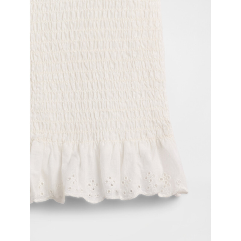 V-SMOCKED WOVEN TOP EYELET WHITE
