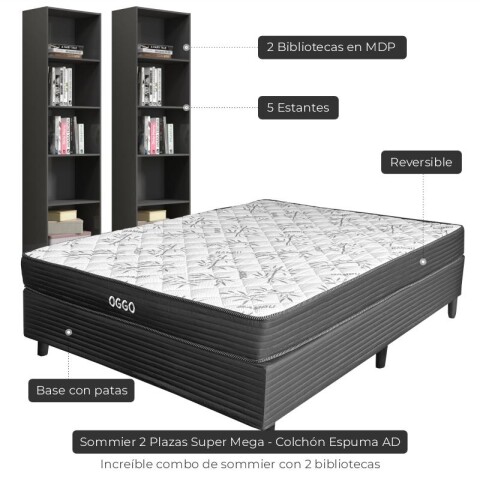 Combo de Dormitorio Sommier Super Mega de 2 Plazas y 2 Repisas 5 Estantes Reversible con Refuerzo Grauniert® - Cinza Combo de Dormitorio Sommier Super Mega de 2 Plazas y 2 Repisas 5 Estantes Reversible con Refuerzo Grauniert® - Cinza