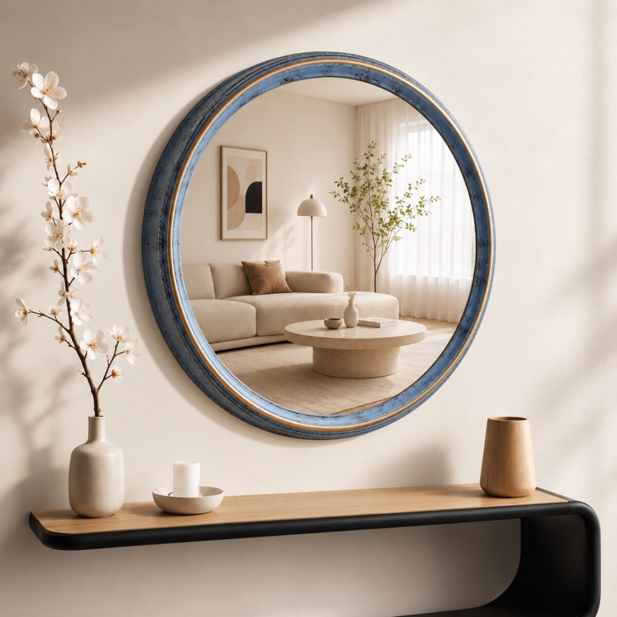Espejo de Pared Redondo Decorativo con Marco Azul Envejecido y Dorado - Ø48.5 cm 