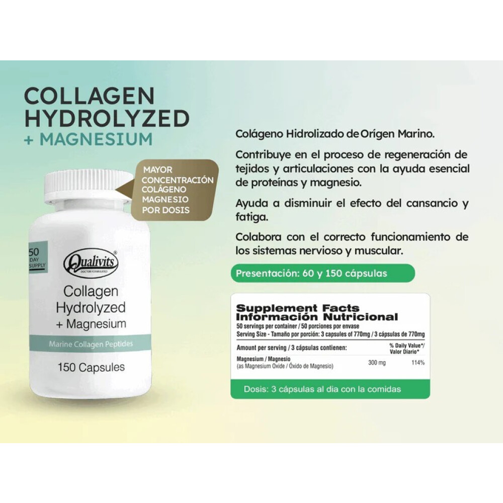Collagen Hydrolyzed + Magnesium | Colágeno Marino Hidrolizado + Magnesio | 60 Cápsulas - Qualivits Collagen Hydrolyzed + Magnesium | Colágeno Marino Hidrolizado + Magnesio | 60 Cápsulas - Qualivits