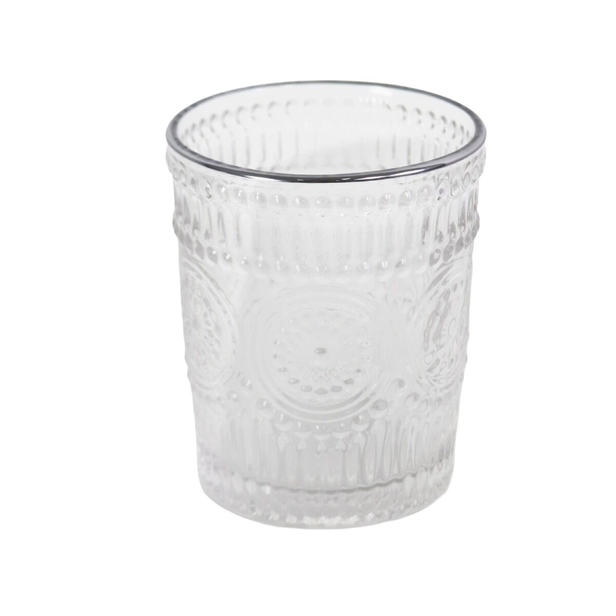 VASO VIDRIO LABRADO 250ML BDE PLATEDO 10X8CM SOLES 