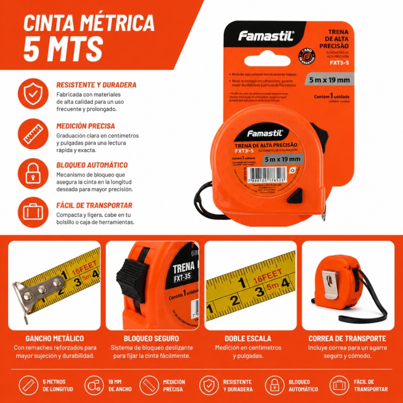 Cinta métrica 5 mts NARANJA