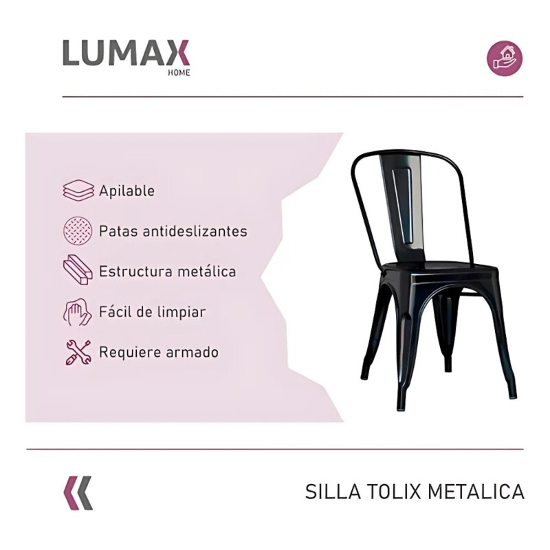 Pack 4 Sillas Tolix Lumax Metálicas Para Comedor Y Cocina Diseño Retro Resistente Negro