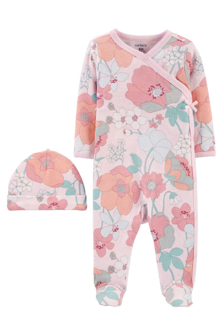 Pijama de algodón con pies y gorro diseño floral 0