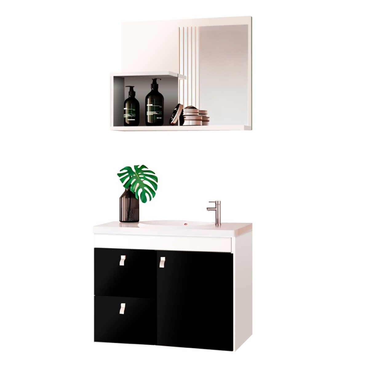 Mueble Baño Luna + Bacha + Espejo Premium 15mm Blanco Negro 