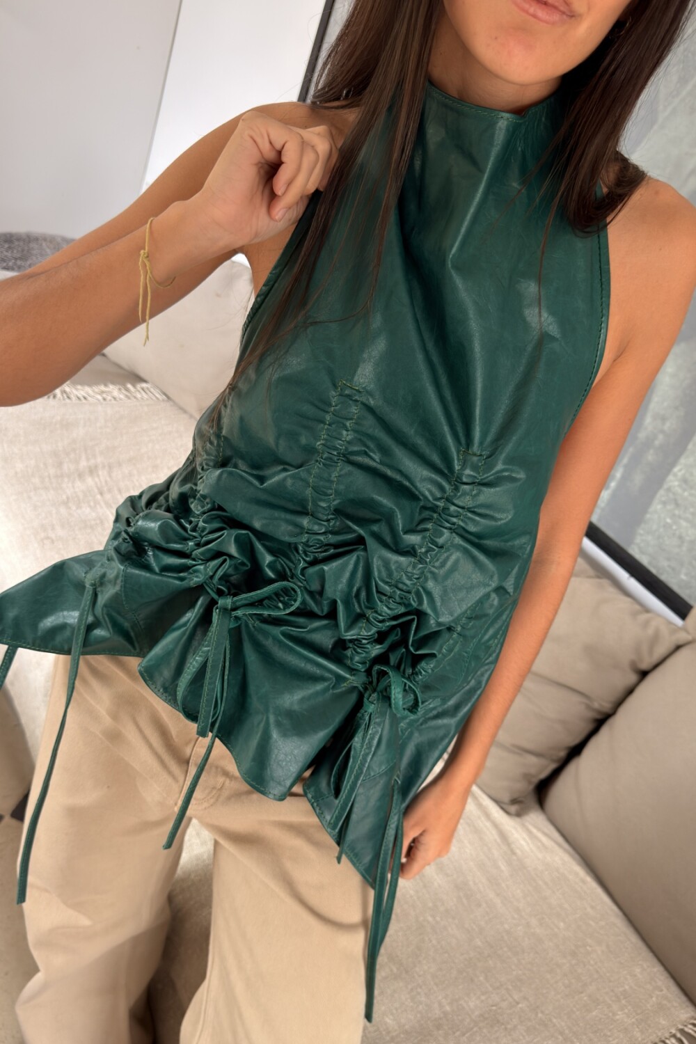 Leather Frunce Top Verde Inglés