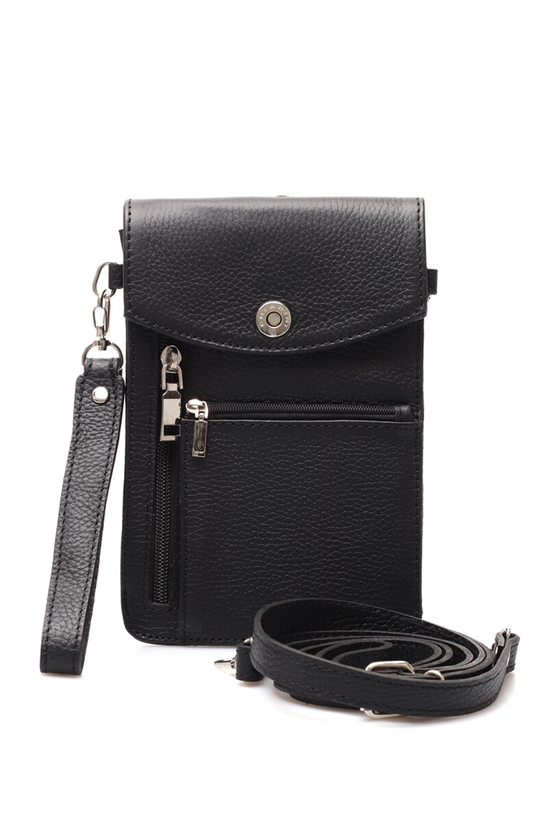 Cartera Bandolera Pequeña Porta Celular en Cuero - Negro 