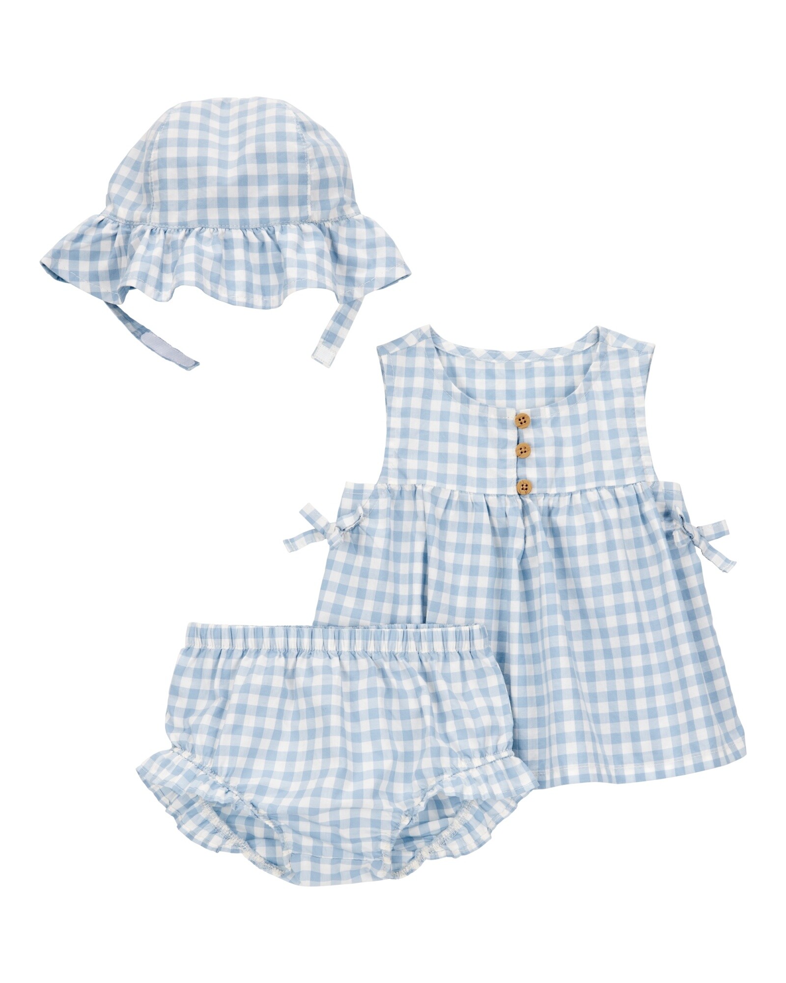 Set tres piezas de algodón, short, blusa sin mangas y gorro, diseño a cuadros Set tres piezas de algodón, short, blusa sin mangas y gorro, diseño a cuadros