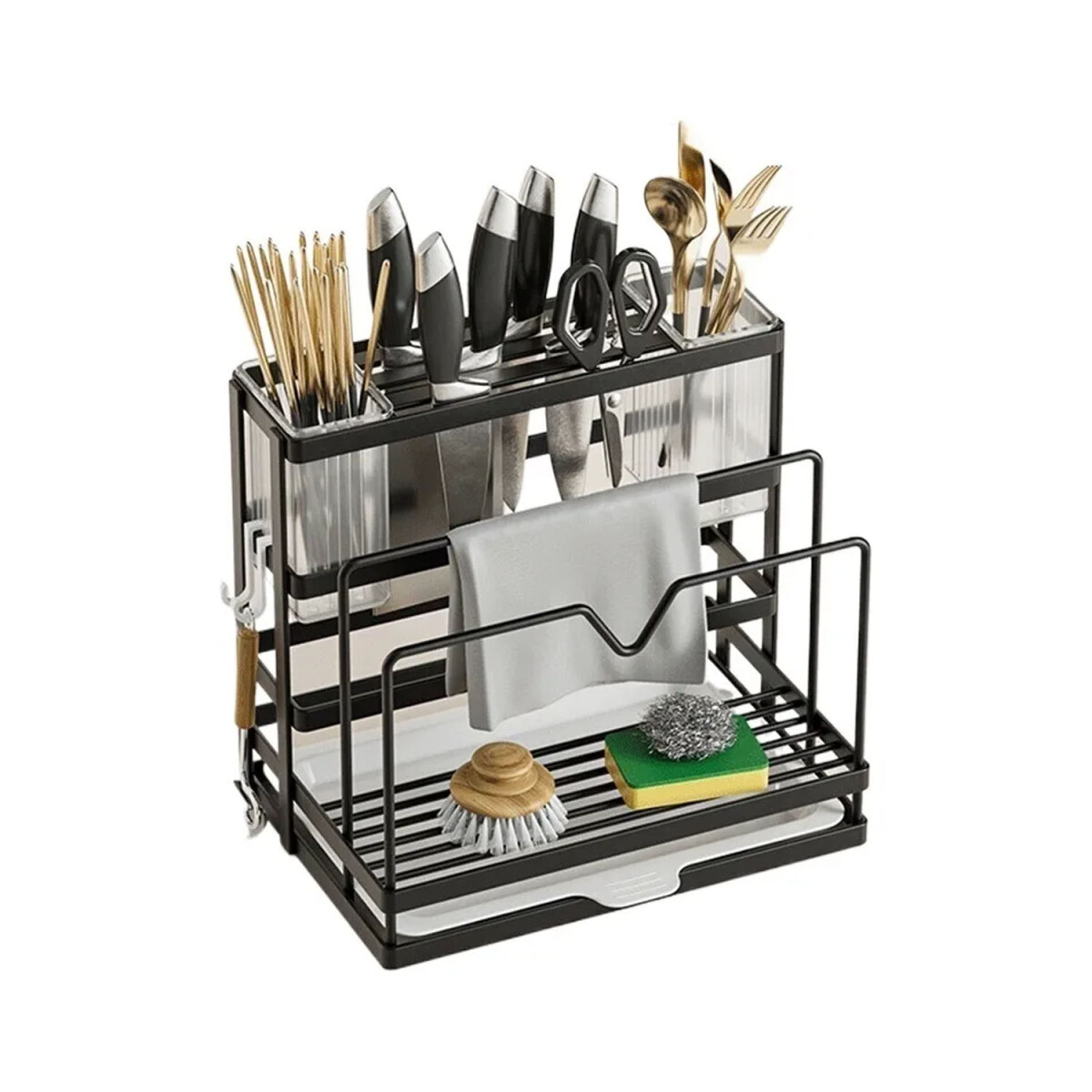 Escurridor Porta Cuchillos Tablas Tapas Y Utensilios 2 Niv - Negro 