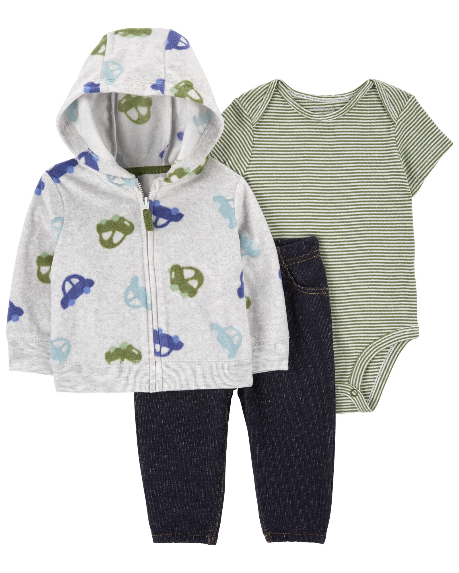 Set tres piezas, campera de micropolar, pantalón jean y body de algodón Set tres piezas, campera de micropolar, pantalón jean y body de algodón