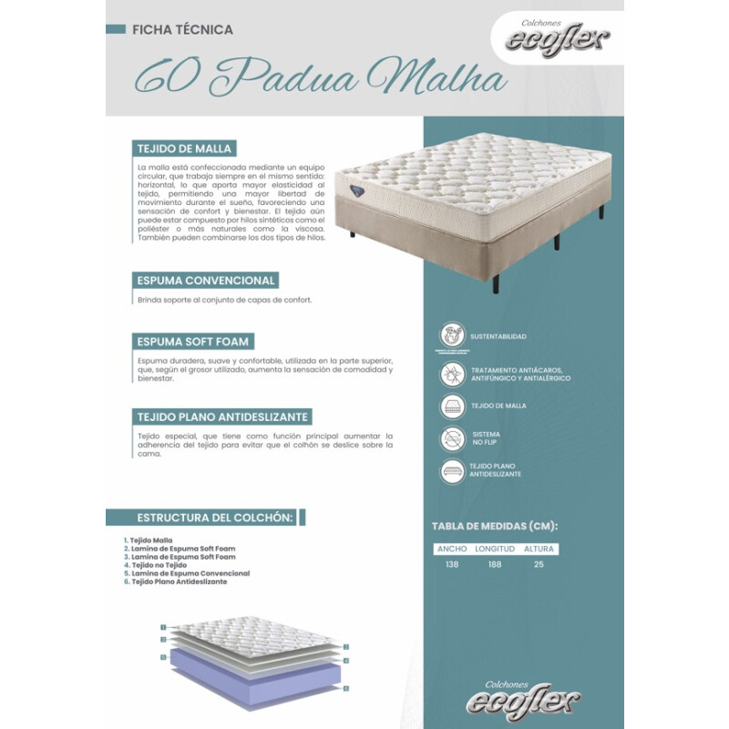 Colchón Espuma 2 Plazas ECOFLEX D60 Duplo 138 x 188 x 25 cm Colchón Espuma 2 Plazas ECOFLEX D60 Duplo 138 x 188 x 25 cm