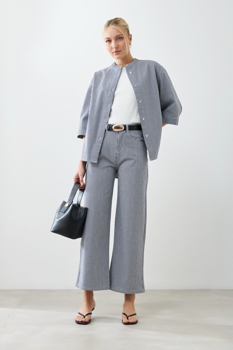 Camisa rayada de jean cuello mao - crudo 