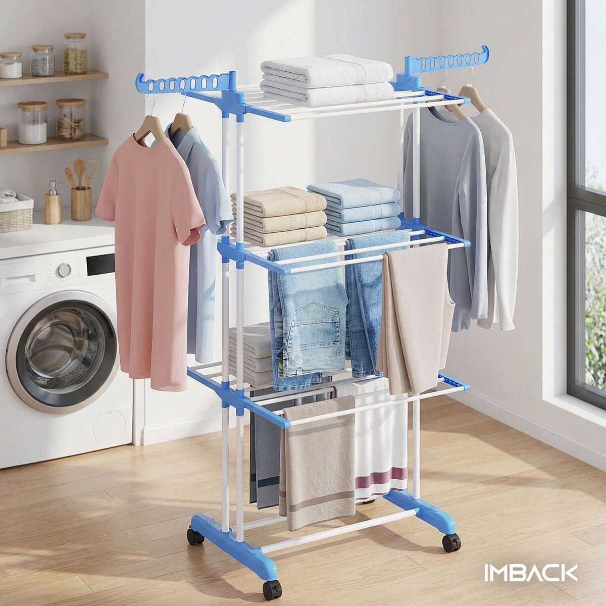 Tendedero Vertical Varillas Acero Plegable De 3 Niveles Tender Ropa Lavadero Metal De Pie 54x68x168 Cm Celeste 