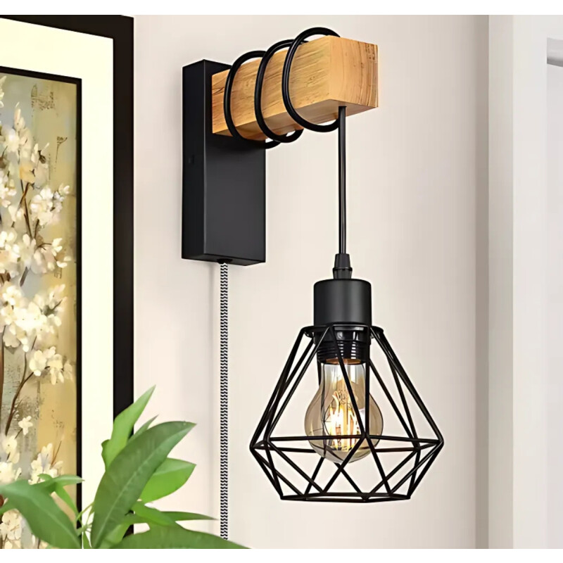 Aplique De Pared Colgante Vintage Diamante Madera Led Deco Negro
