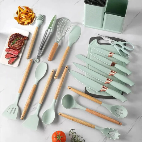 Set Cocina Utensilios 19Pzs + Olla Acero Inoxi 22cm 4,8L Verde Claro