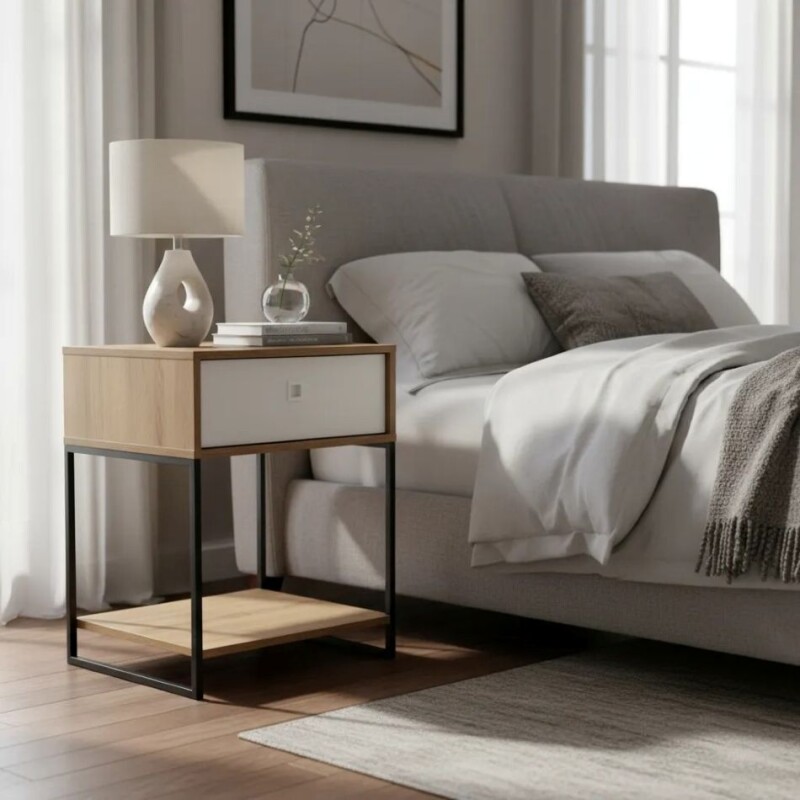 Mesa de luz con 1 cajón y 1 estante. Color miel con blanco. Metal negro Mesa de luz con 1 cajón y 1 estante. Color miel con blanco. Metal negro