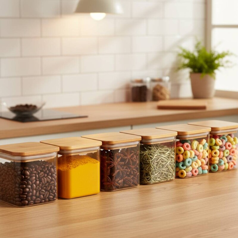 Contenedor de vidrio rectangular tapa madera 750ml