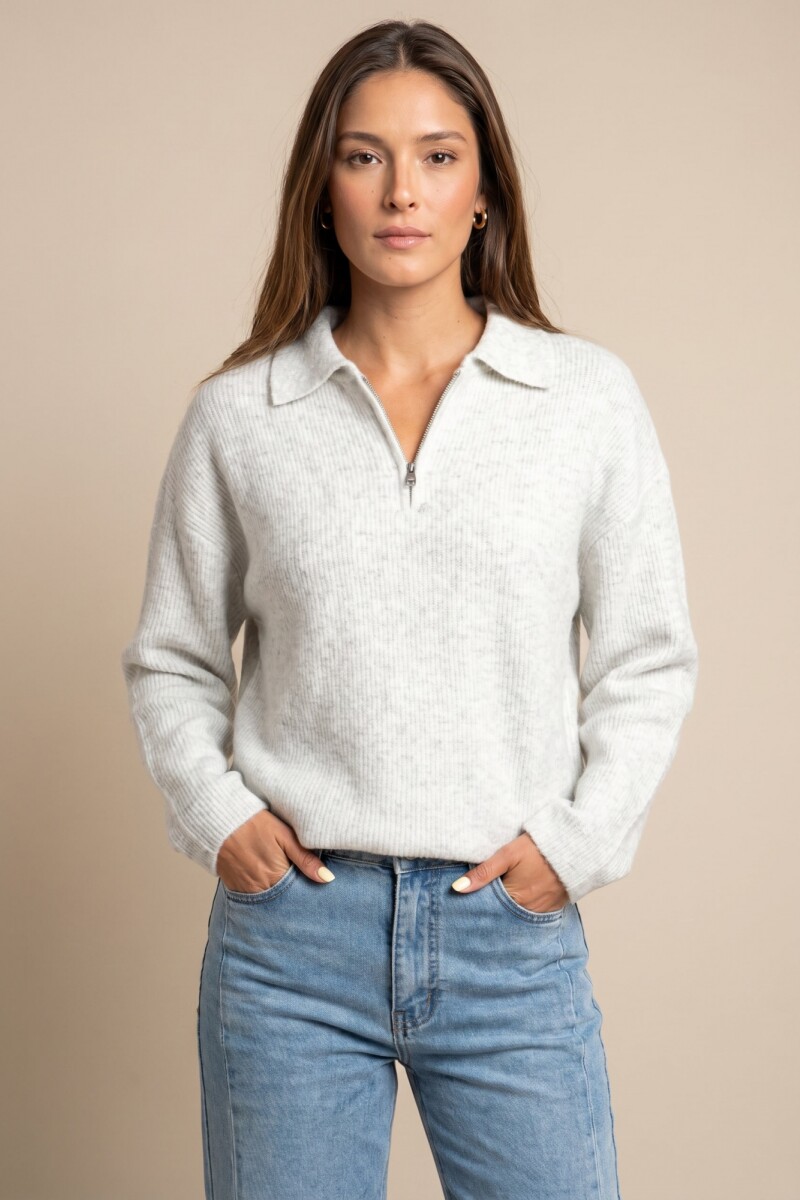 Sweater Polo Medio Cierre Gris Melange