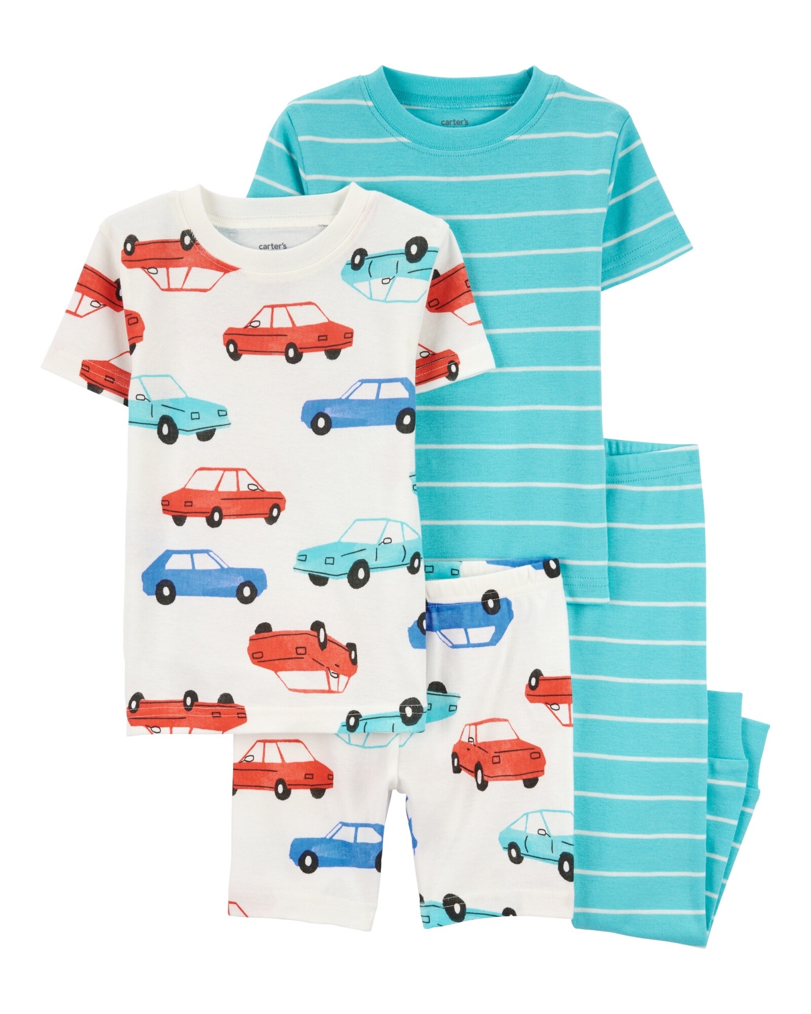 Pijama cuatro piezas de algodón, dos remeras, short y pantalón, diseño autos Sin color